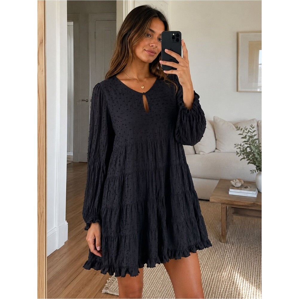 Blue Rain Black Swiss Dot Babydoll Mini Dress NWOT